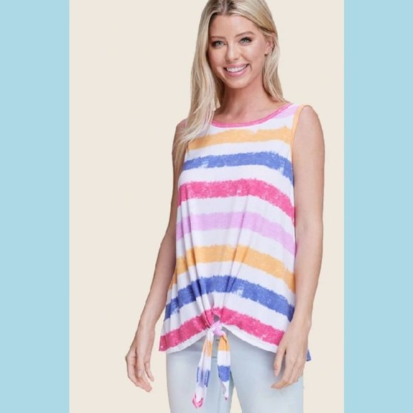 IVORY MULTI STRIPE TIE HEM SLEEVELESS TANK TOP - Picture 1 of 3